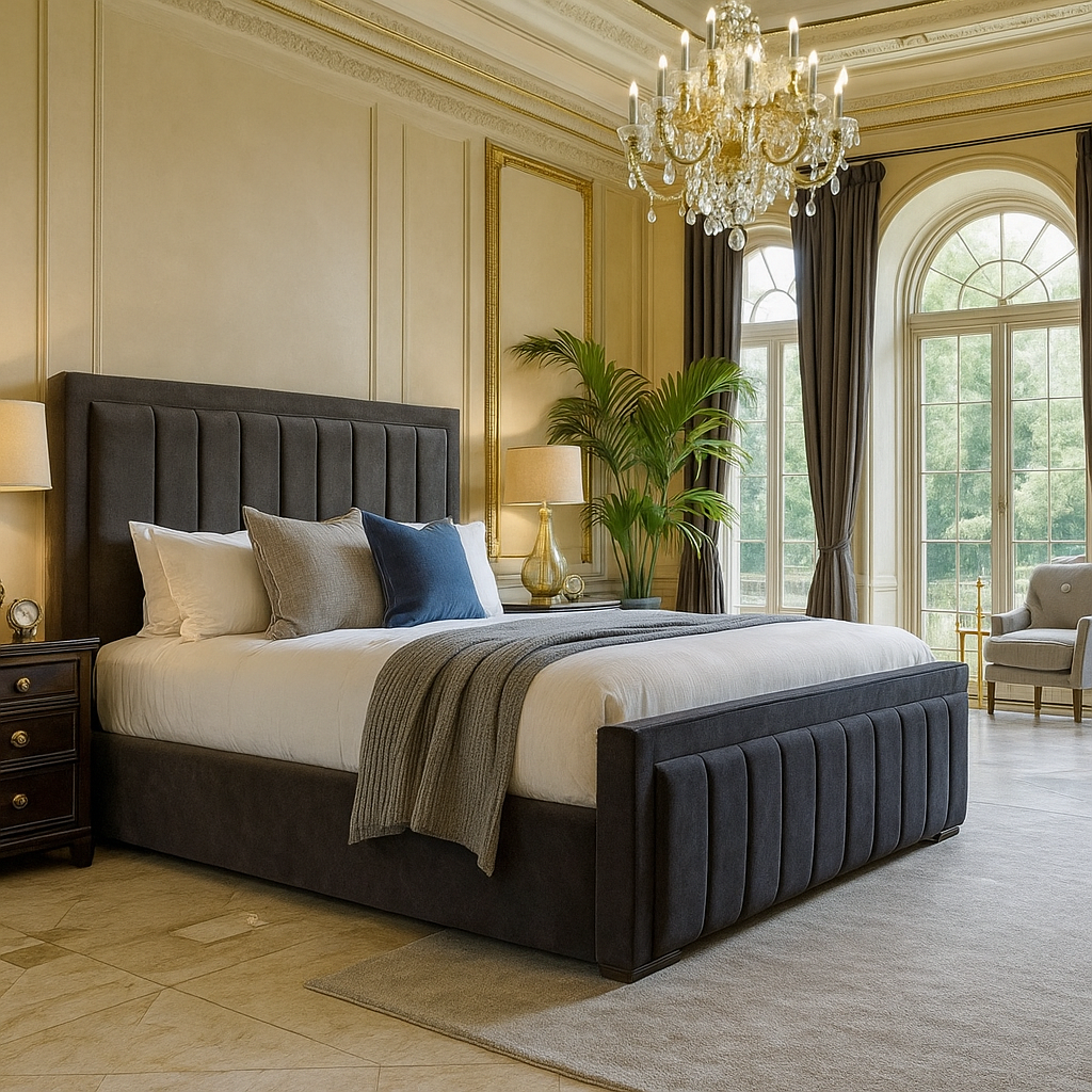 The Stylo upholstered bed with a bordered linear pleated design on head and foot end.